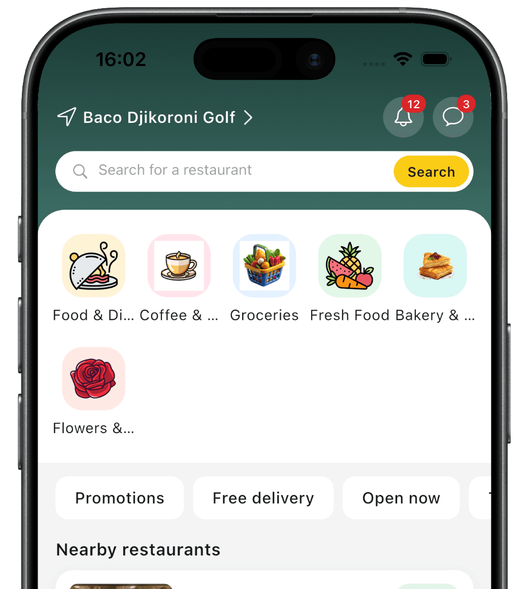 L'application client Amansi affichant les restaurants proches et les catégories