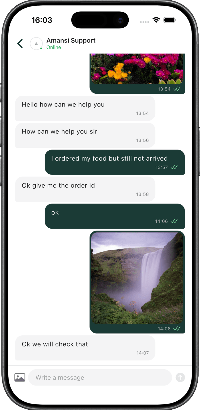 Le chat du support Amansi avec des messages texte et photo