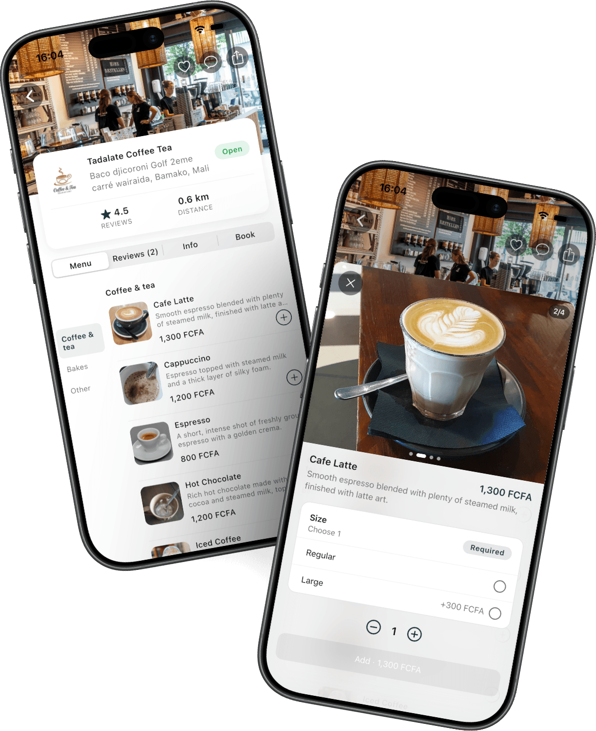 L'application Amansi affichant le menu d'un restaurant avec photos, prix et options