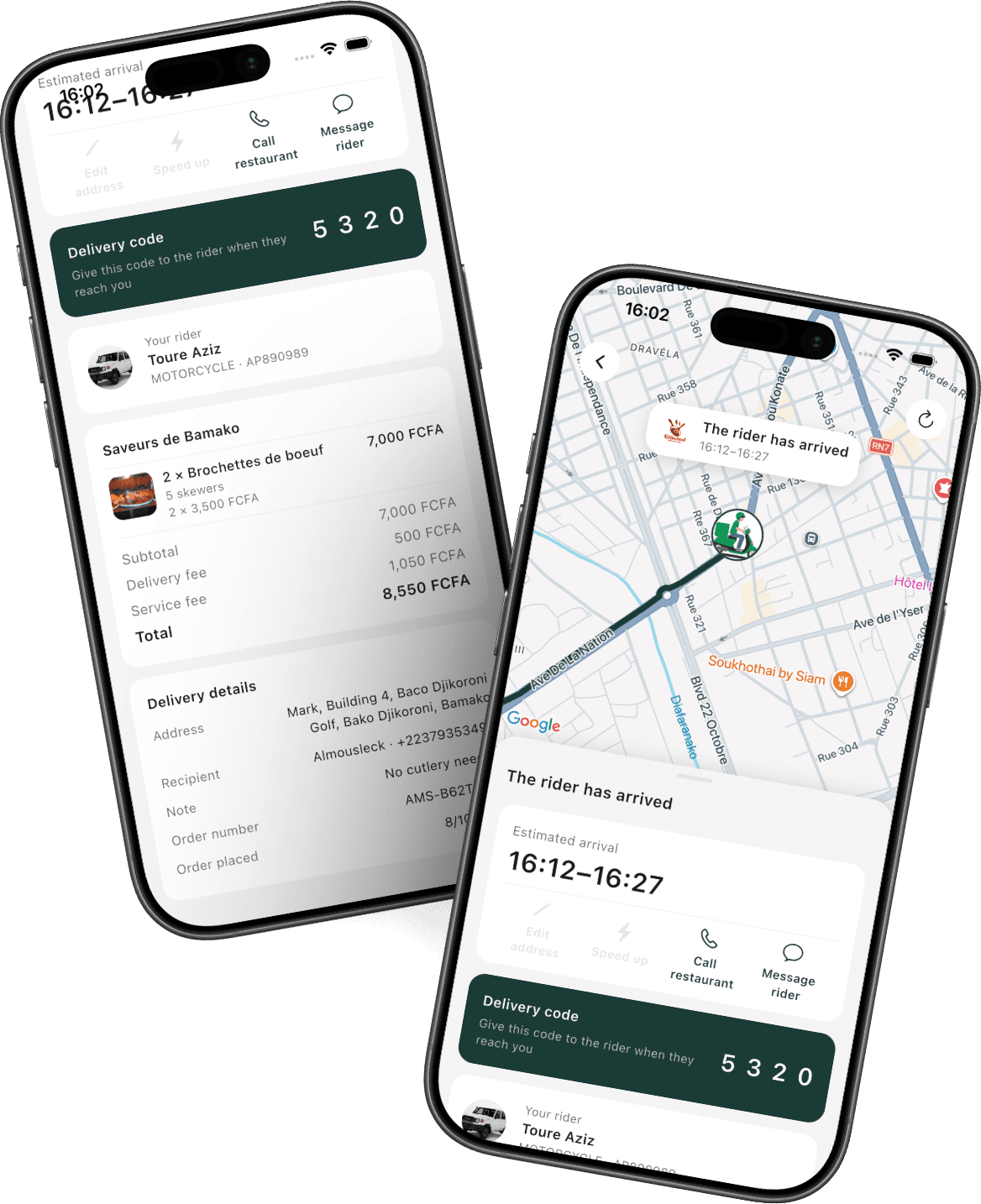 L'application Amansi suivant une livraison avec le code de livraison et le récapitulatif de la commande