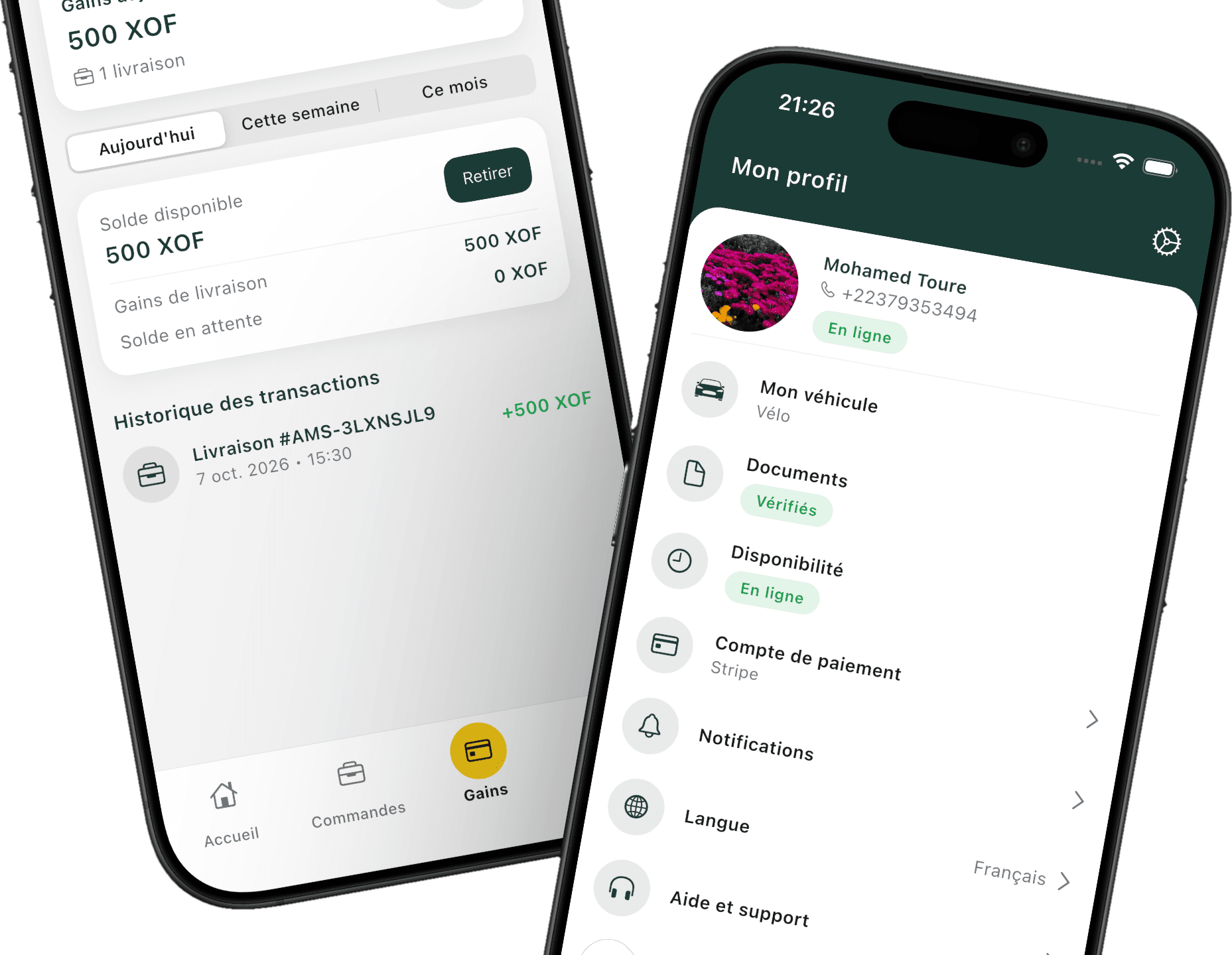 L'application livreur Amansi affichant le solde des gains et le profil du livreur