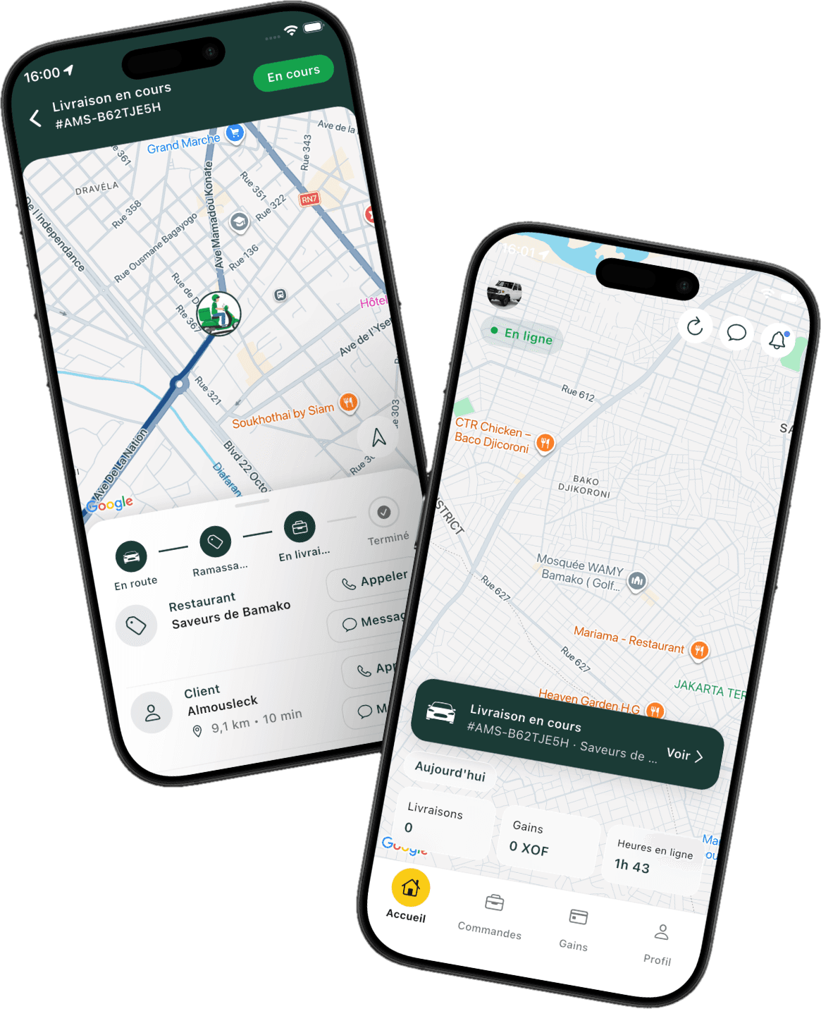 L'application livreur Amansi affichant une livraison sur la carte et l'écran d'accueil en ligne